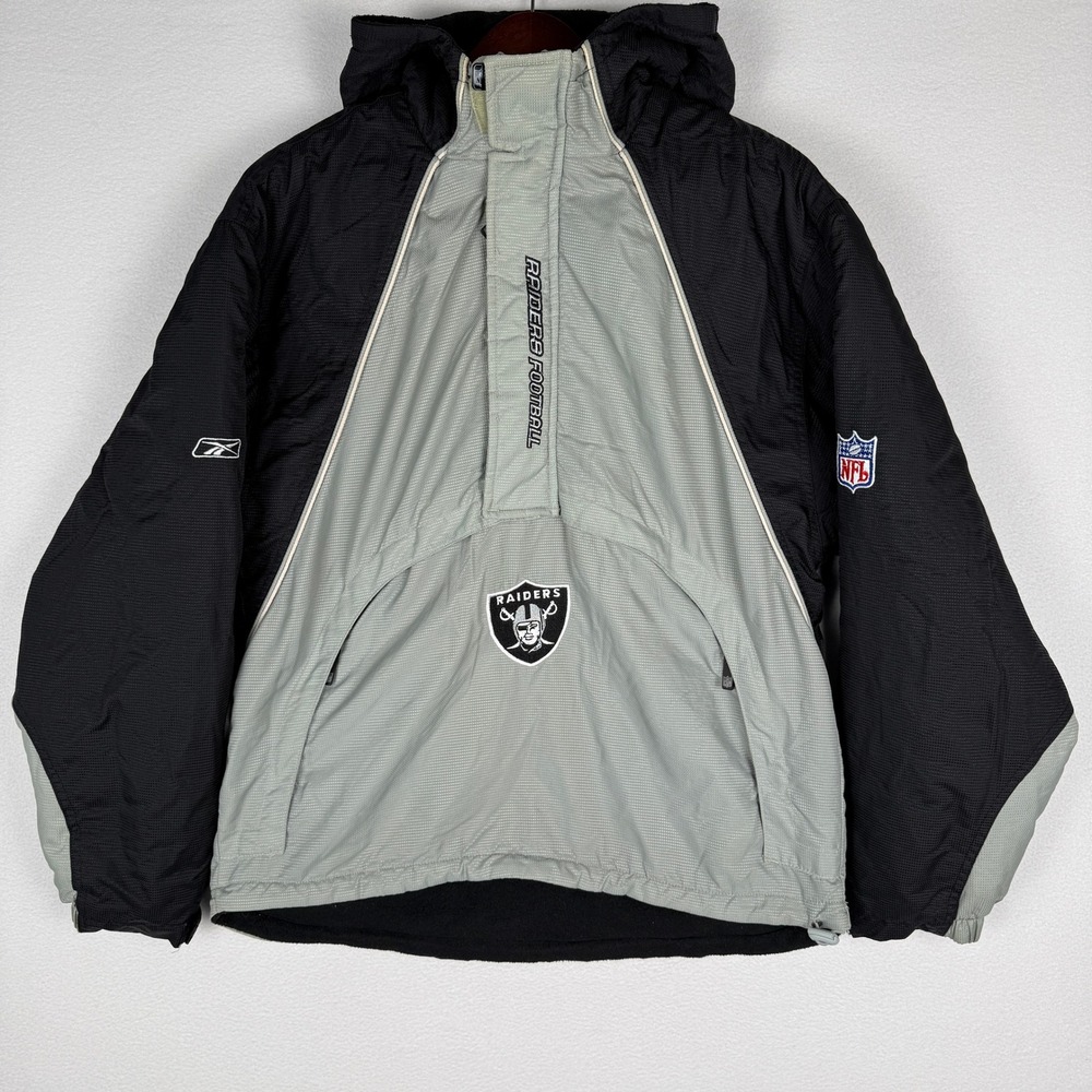 VTG Reebok Oakland Raiders NFL Youth XL Half Zip Hooded Jacket Anorak Fleece